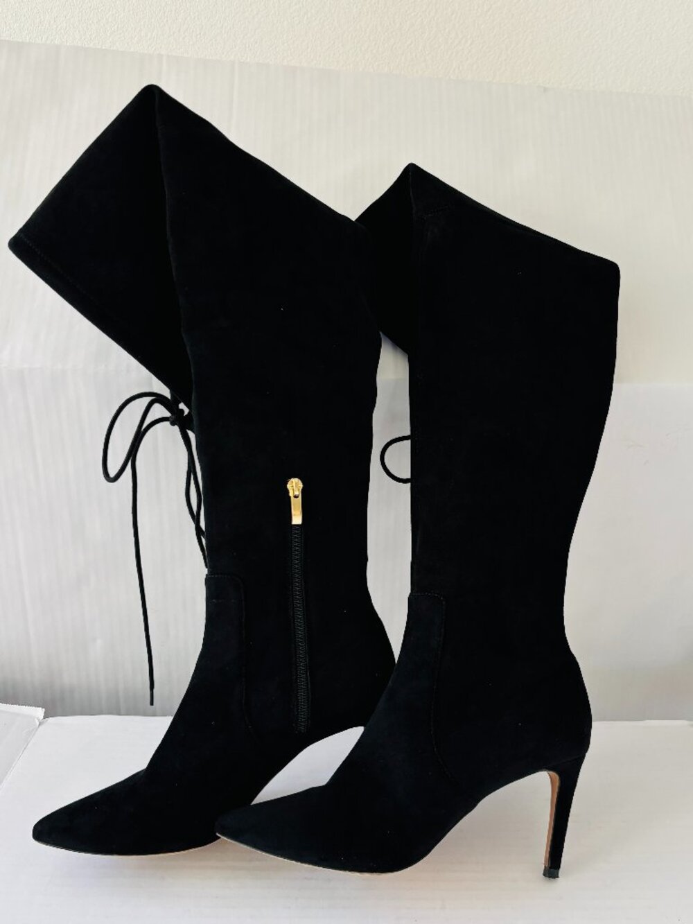 Neiman Marcus Black Suede Over the Knee Stiletto Boots Pointed Toe Tie Back 7.5M - Picture 9 of 14